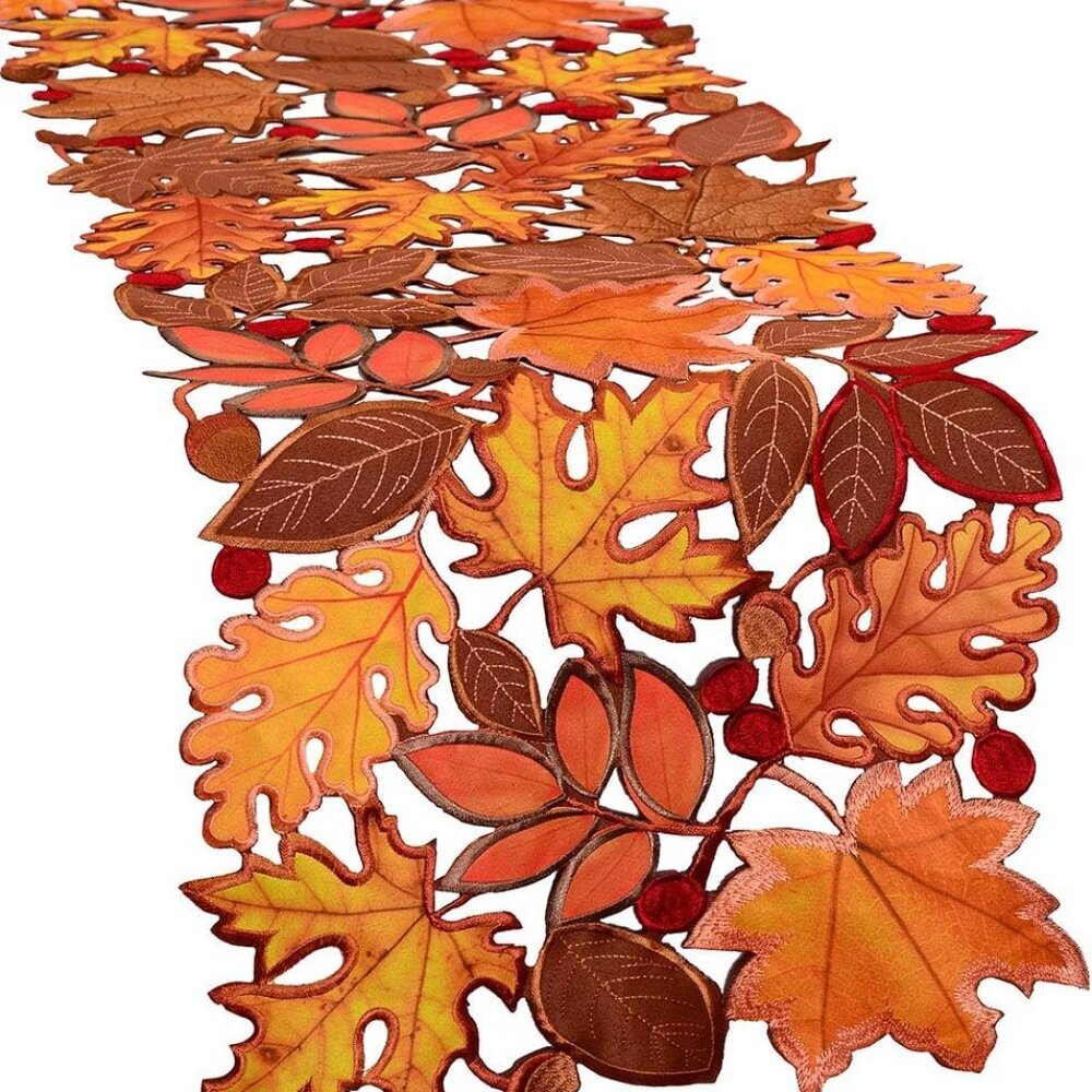 Embroidered Fall Leaves Table Runner for Thanksgiving, Autumn Harvest Decoration